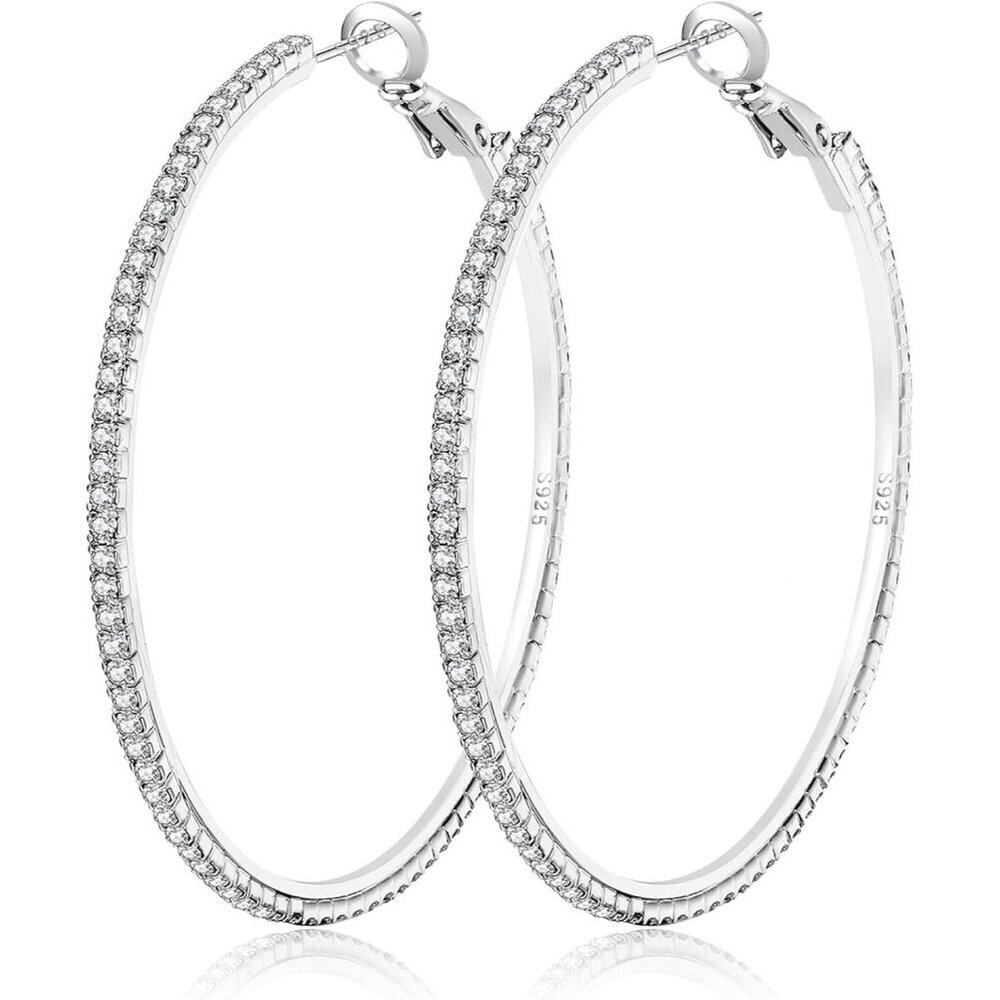 Sterling Silver Hoop Earrings Large Rhinestone Round Size 20-70mm Women